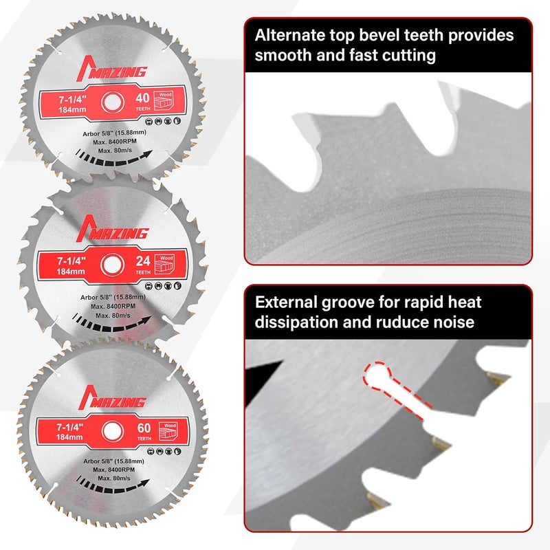 MAZING 3-Piece 7-1/4 Inch 24T&40T&60T Circular Saw Blades, 7.25 Inch TCT Compact Saws Blades with 5/8" Arbor, ATB Design for Precision Woodworking, Fit for Plywood, Soft & Hardwood, Wood with Nails - Image 4